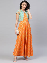 Women Orange & Sea Green Striped Maxi Dress with Ethnic Jacket-AHDRJK-COMBO-313
