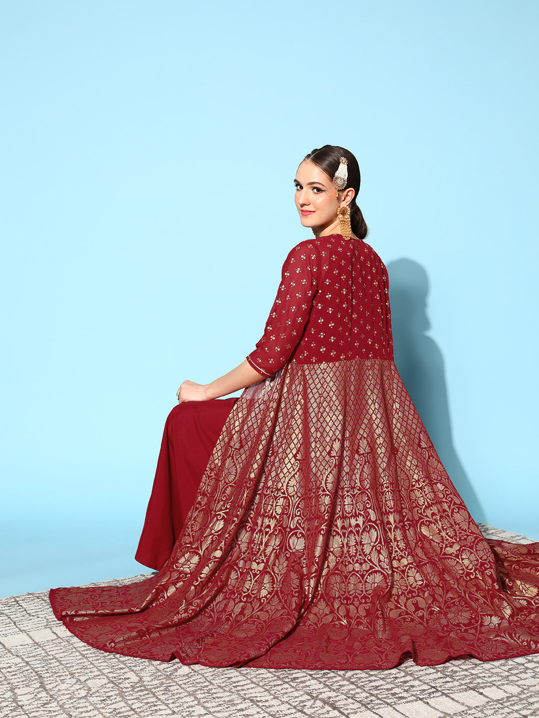 Maroon Brocade Print Indian Dress | Ethnic Style Online