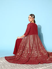 Maroon Brocade Print Ethnic Dress-AHDRJK-COMBO-471