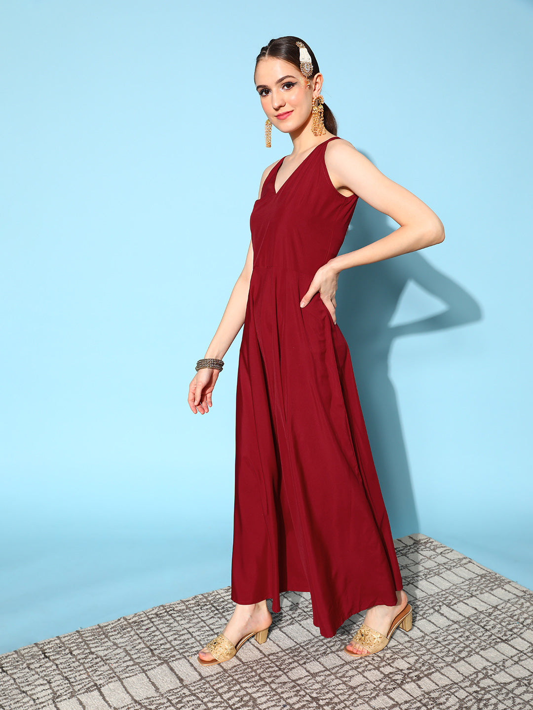 Maroon Brocade Print Indian Dress | Ethnic Style Online