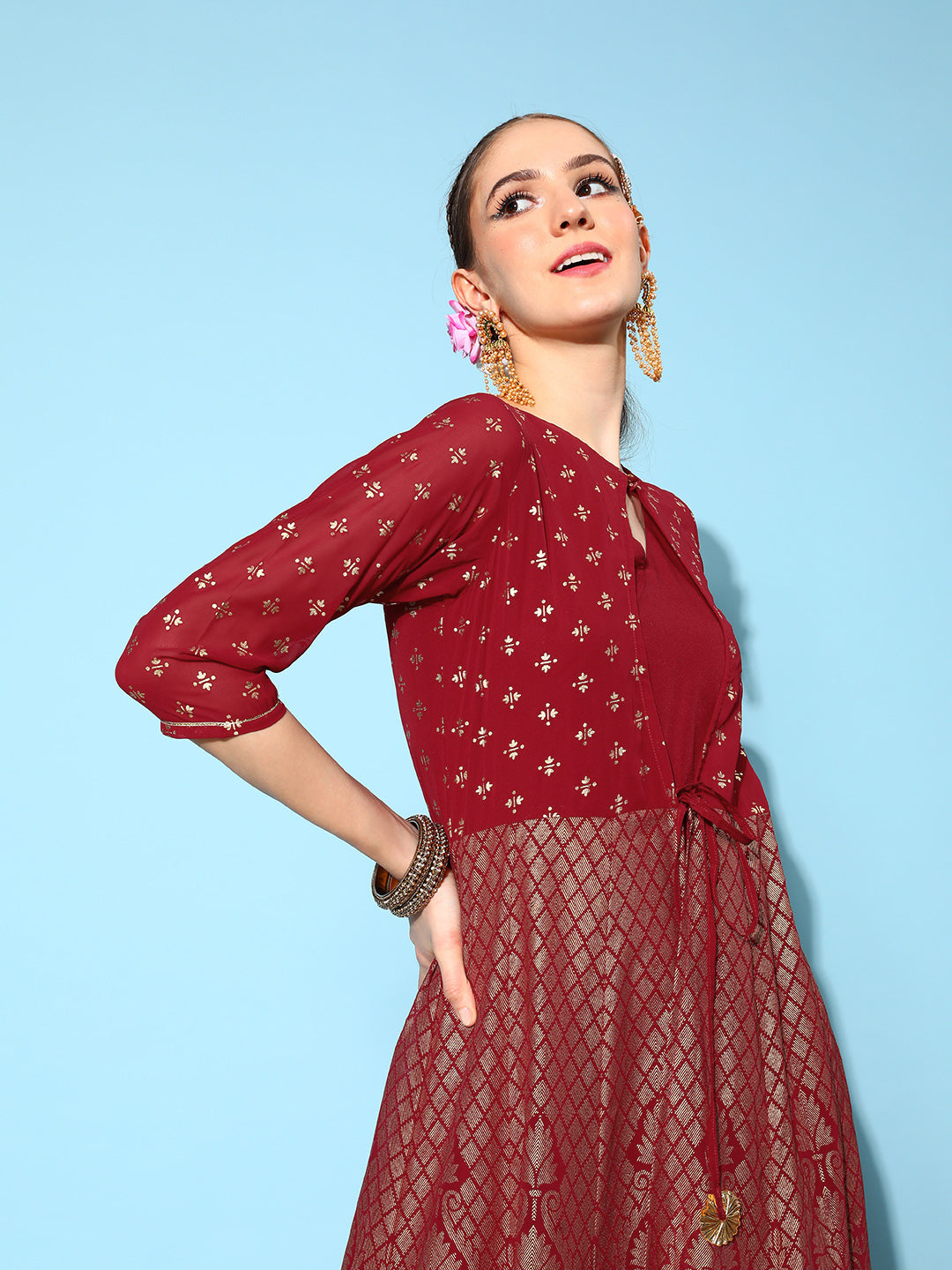 Maroon Brocade Print Indian Dress | Ethnic Style Online