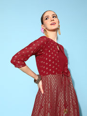 Maroon Brocade Print Ethnic Dress-AHDRJK-COMBO-471