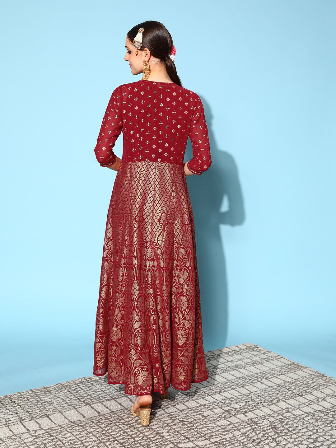 Maroon Brocade Print Indian Dress | Ethnic Style Online