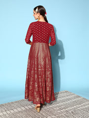 Maroon Brocade Print Ethnic Dress-AHDRJK-COMBO-471
