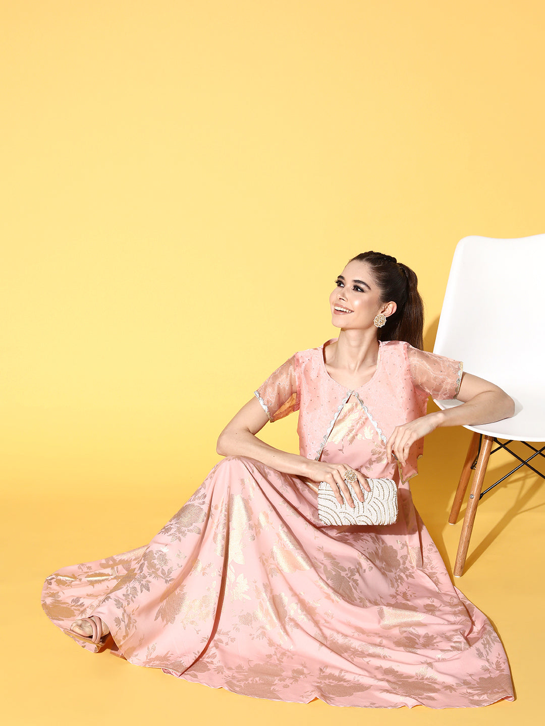 Pink Printed Maxi Ethnic Dress with Jacket-AHDRJK-COMBO-567