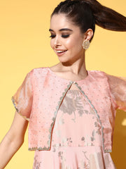 Pink Printed Maxi Ethnic Dress with Jacket-AHDRJK-COMBO-567