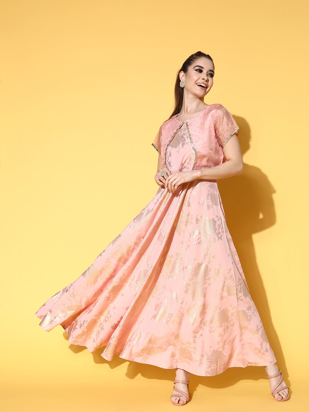 Pink Printed Maxi Dress with Jacket | Indian Dresses Online
