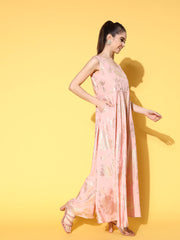 Pink Printed Maxi Ethnic Dress with Jacket-AHDRJK-COMBO-567
