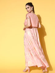 Pink Printed Maxi Ethnic Dress with Jacket-AHDRJK-COMBO-567