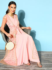 Pink Crepe & Net Foil Print Dress-AHDRNTFP-940-FF