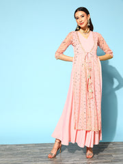Pink Crepe & Net Foil Print Dress-AHDRNTFP-940-FF