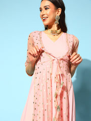 Pink Crepe & Net Foil Print Dress-AHDRNTFP-940-FF