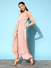 Pink Crepe & Net Foil Print Dress-AHDRNTFP-940-FF