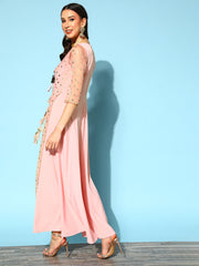 Pink Crepe & Net Foil Print Dress-AHDRNTFP-940-FF