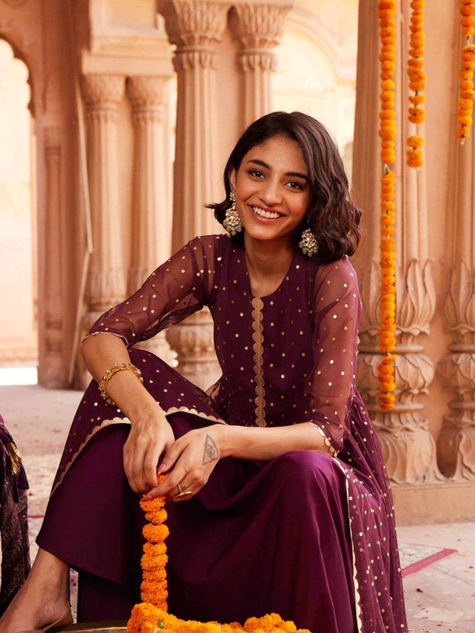 Burgundy Polka Dot Maxi Dress | Indian Dresses Online