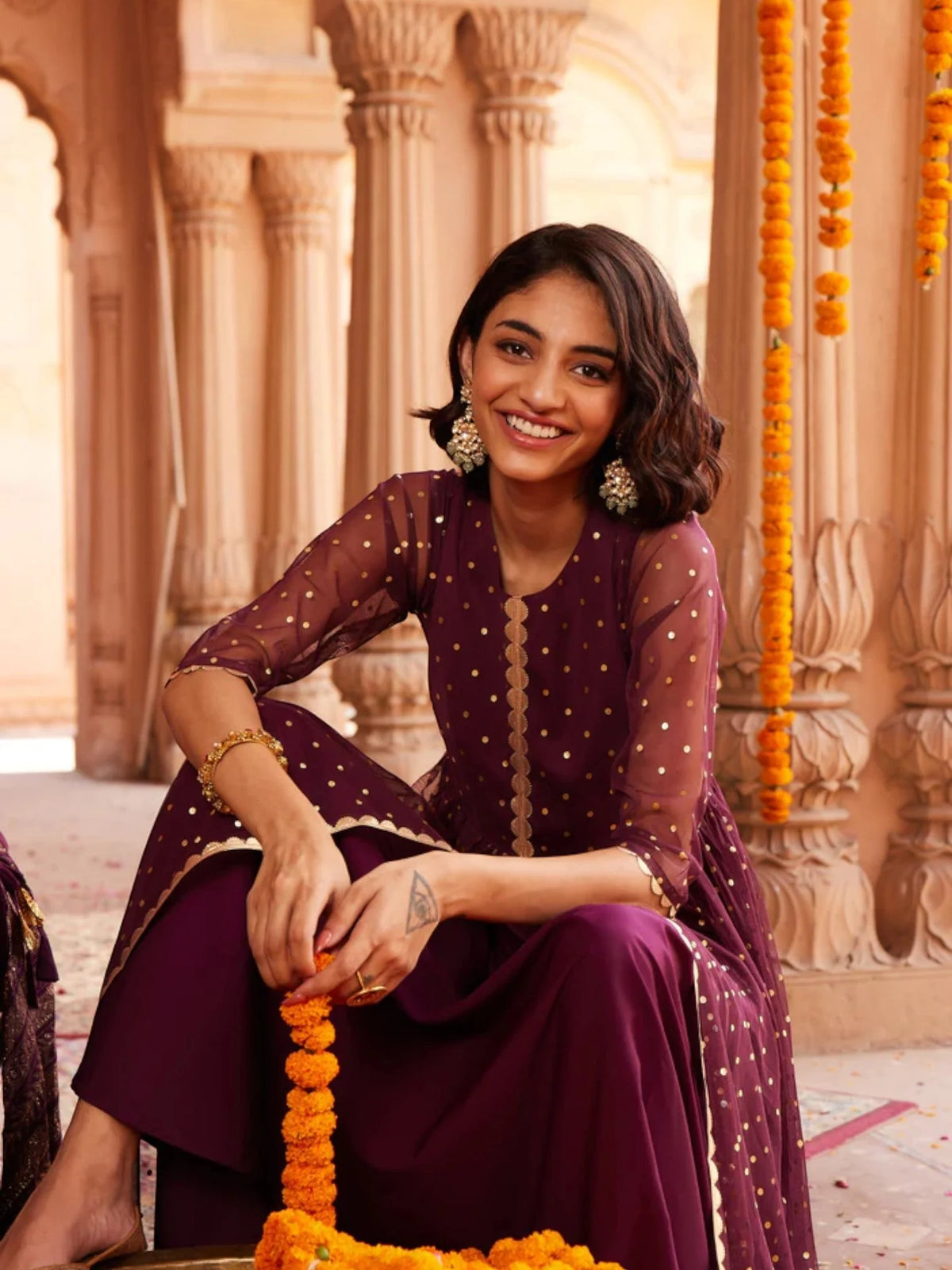 Burgundy Polka Dots Printed Fit & Flare Maxi Ethnic Dress-AHDRNTFP-981-FF