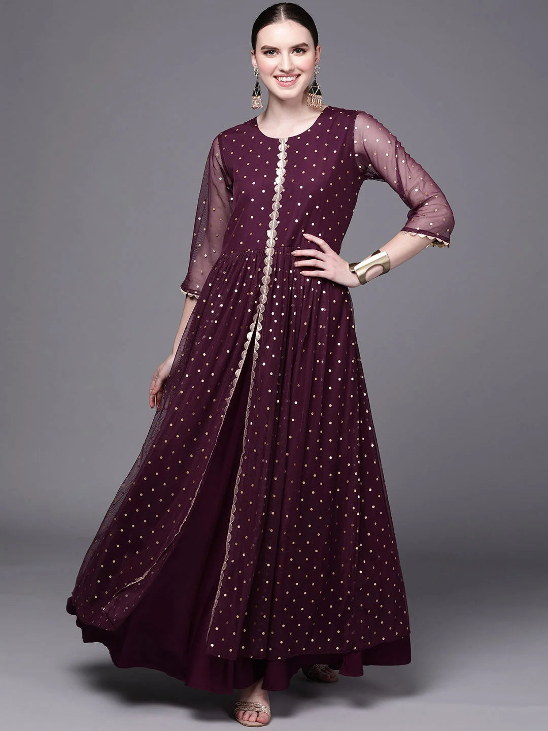 Burgundy Polka Dot Maxi Dress | Indian Dresses Online