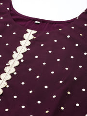 Burgundy Polka Dots Printed Fit & Flare Maxi Ethnic Dress-AHDRNTFP-981-FF