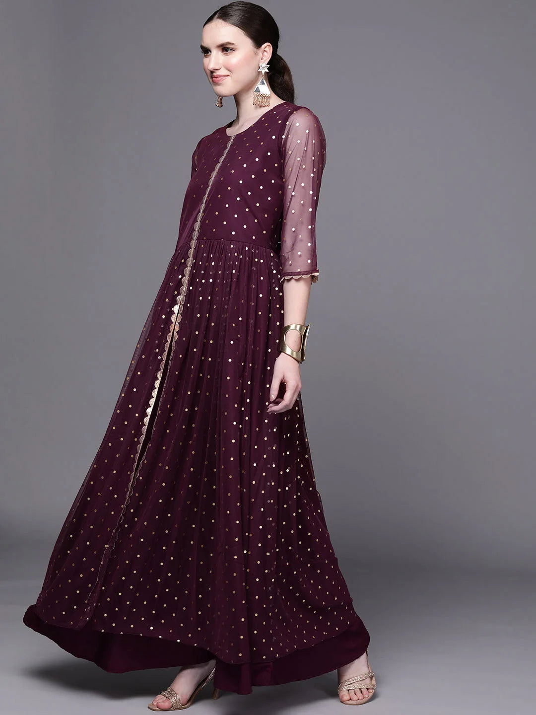 Burgundy Polka Dot Maxi Dress | Indian Dresses Online