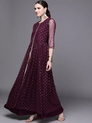 Burgundy Polka Dots Printed Fit & Flare Maxi Ethnic Dress-AHDRNTFP-981-FF
