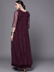 Burgundy Polka Dots Printed Fit & Flare Maxi Ethnic Dress-AHDRNTFP-981-FF