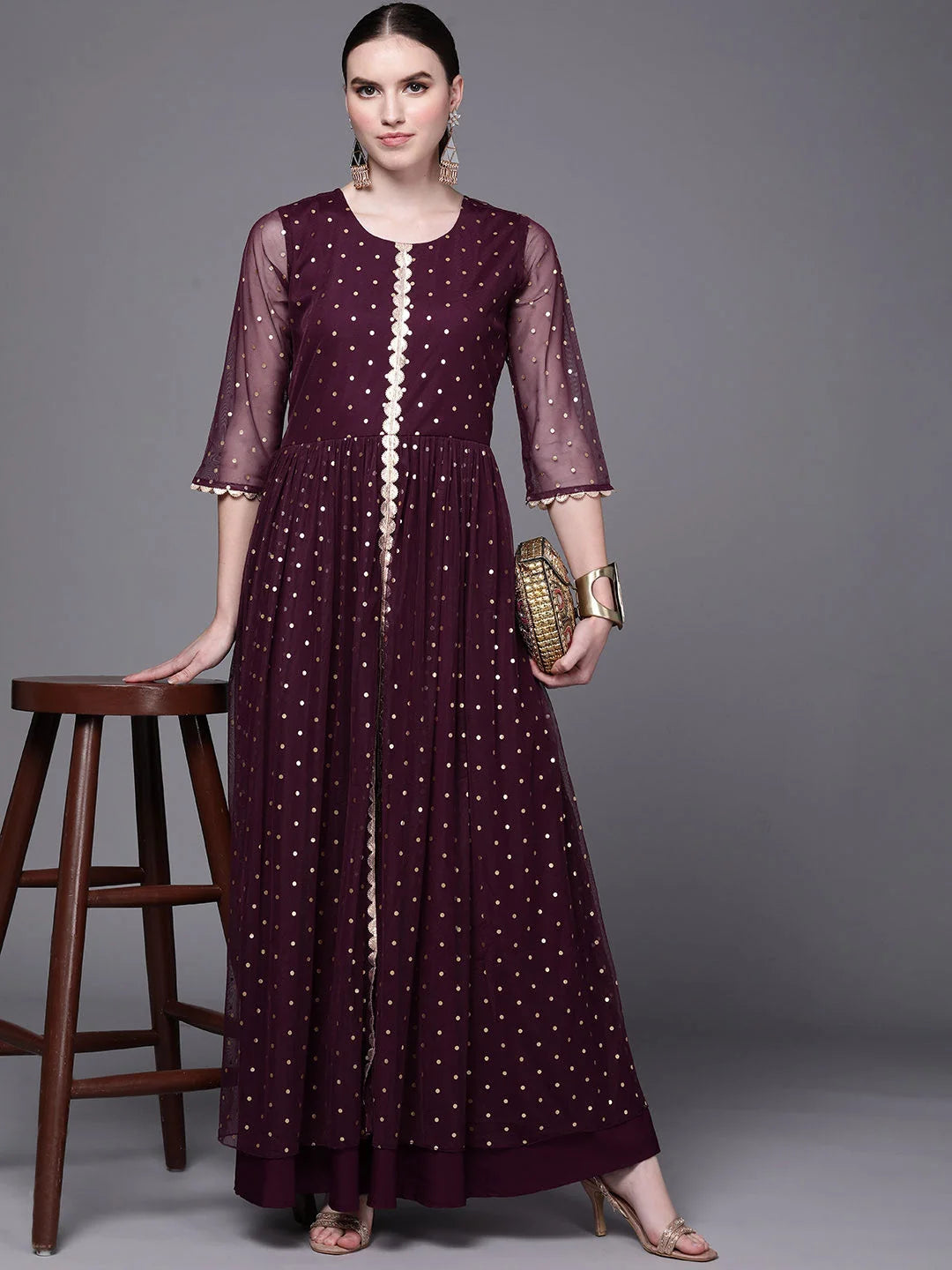 Burgundy Polka Dot Maxi Dress | Indian Dresses Online