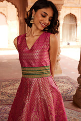 Pink Poly Silk Gold Foil Printed Dress-AHDRPSFP-929-FF