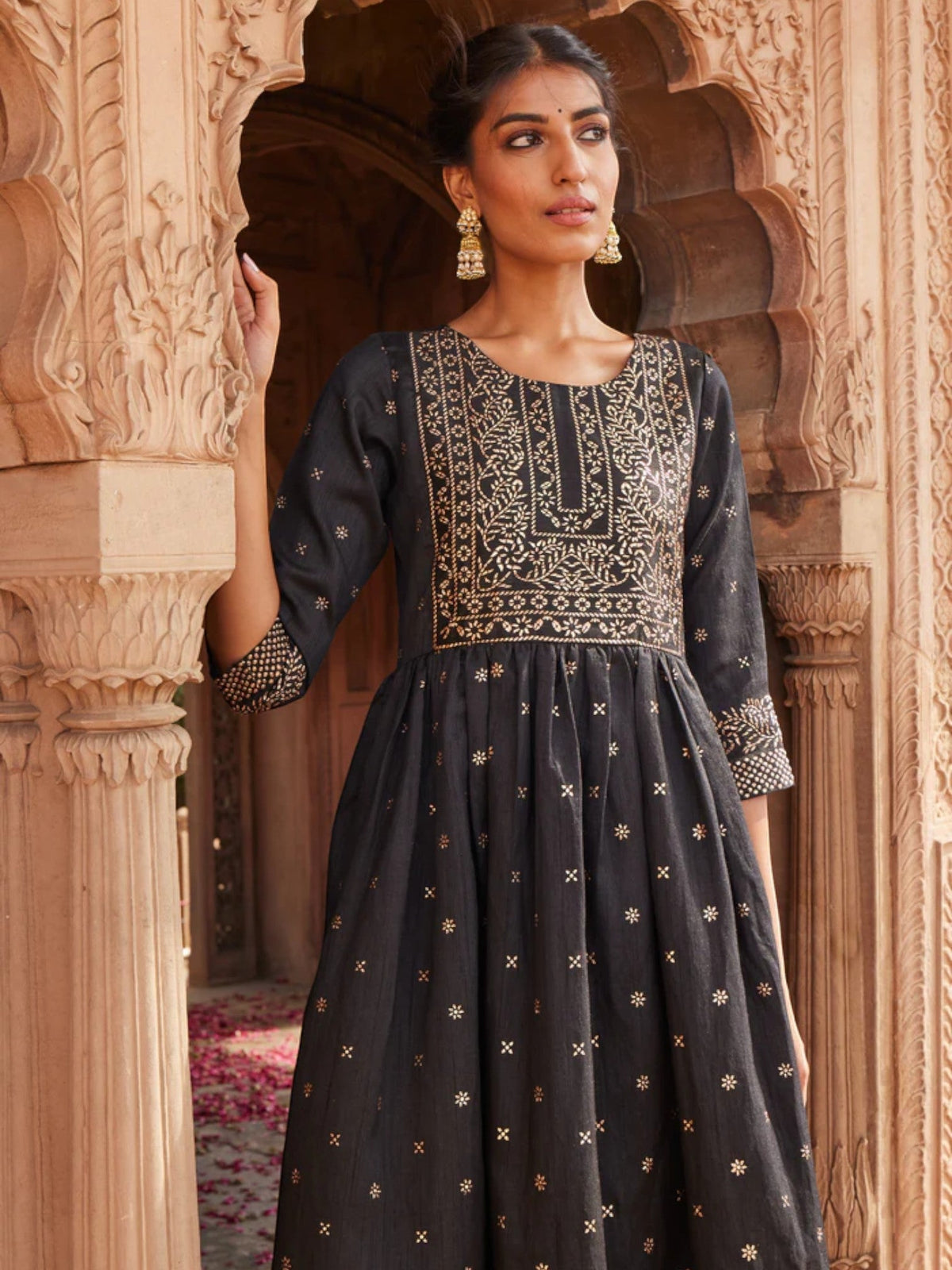 Black Poly Silk Printed Dress-AHDRPSLP-916-FF