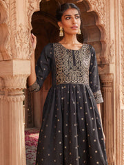 Black Poly Silk Printed Dress-AHDRPSLP-916-FF