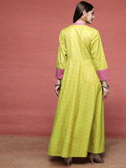 Lime Yellow & Pink Printed Pleated A-Line Maxi Velvet Ethnic Dress-AHDRVLDP-1034