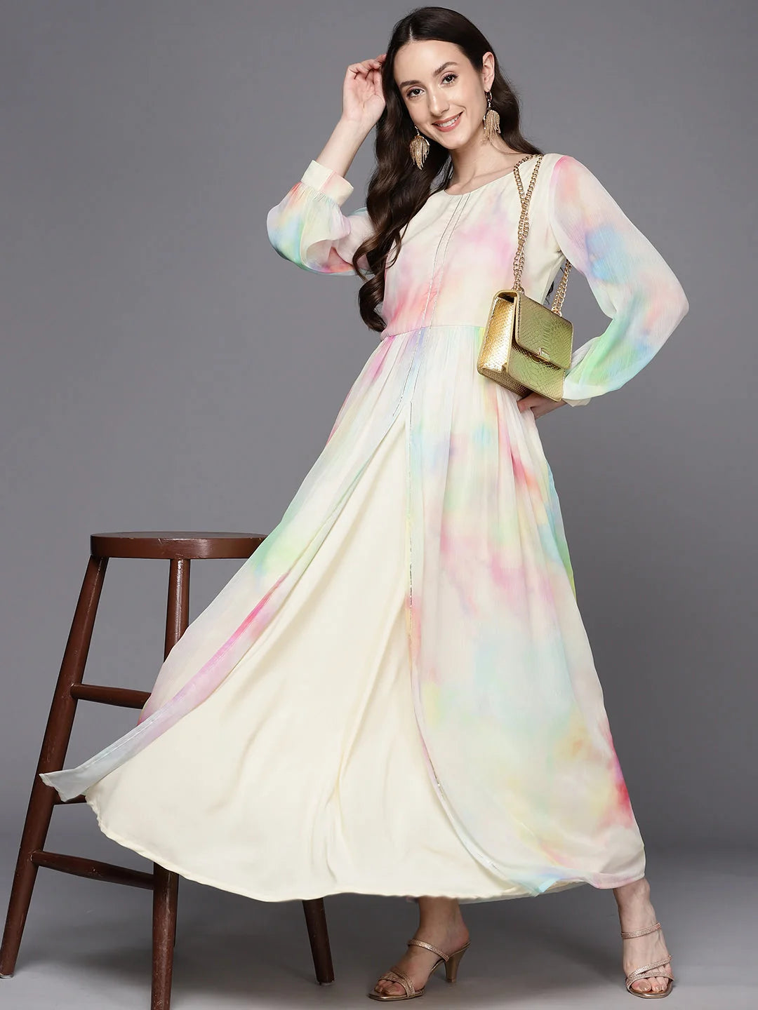 Abstract Puff Sleeve Maxi Dress | Gotta Patti | Indian Dresses