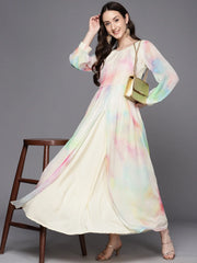 Abstract Printed Gotta Patti Puff Sleeves Chiffon Maxi Ethnic Dress-AHEDCFDP-182