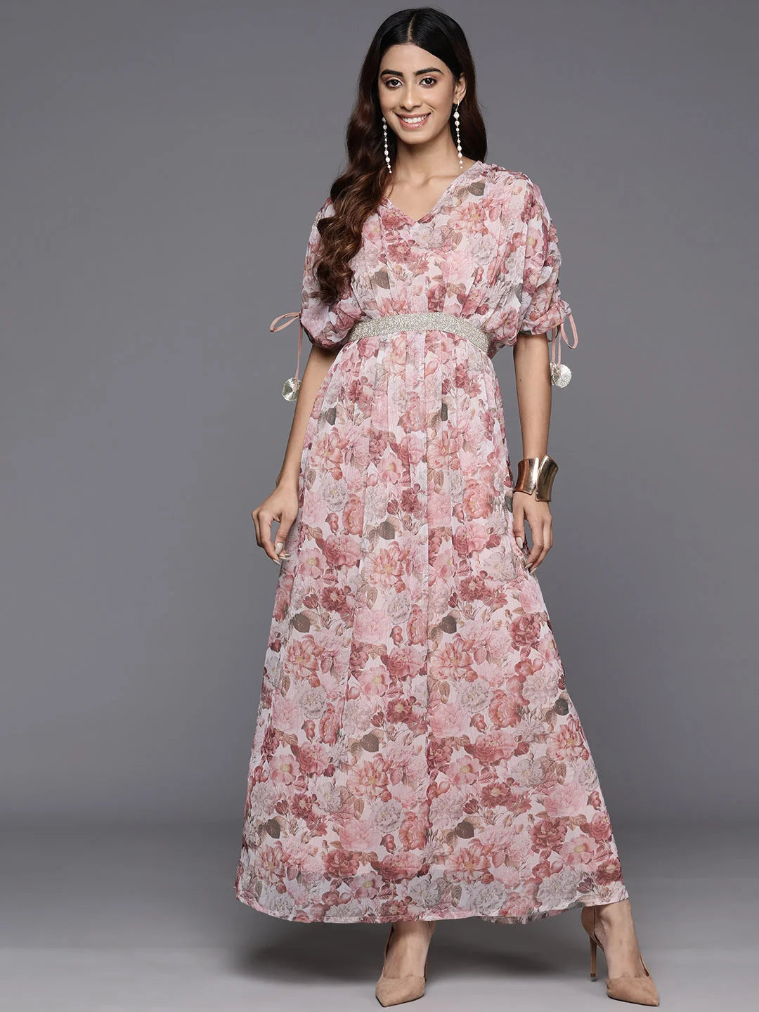 Floral Print Embellished Batwing Sleeves Maxi Dress-AHEDCFDP-220