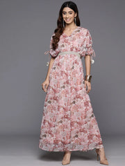Floral Print Embellished Batwing Sleeves Maxi Dress-AHEDCFDP-220