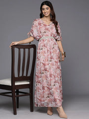 Floral Print Embellished Batwing Sleeves Maxi Dress-AHEDCFDP-220
