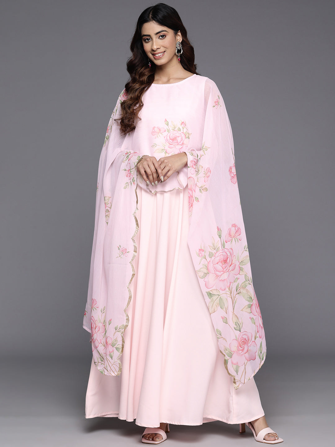 Floral Printed Layered Crepe Maxi Gown Dress-AHEDCFDP-236