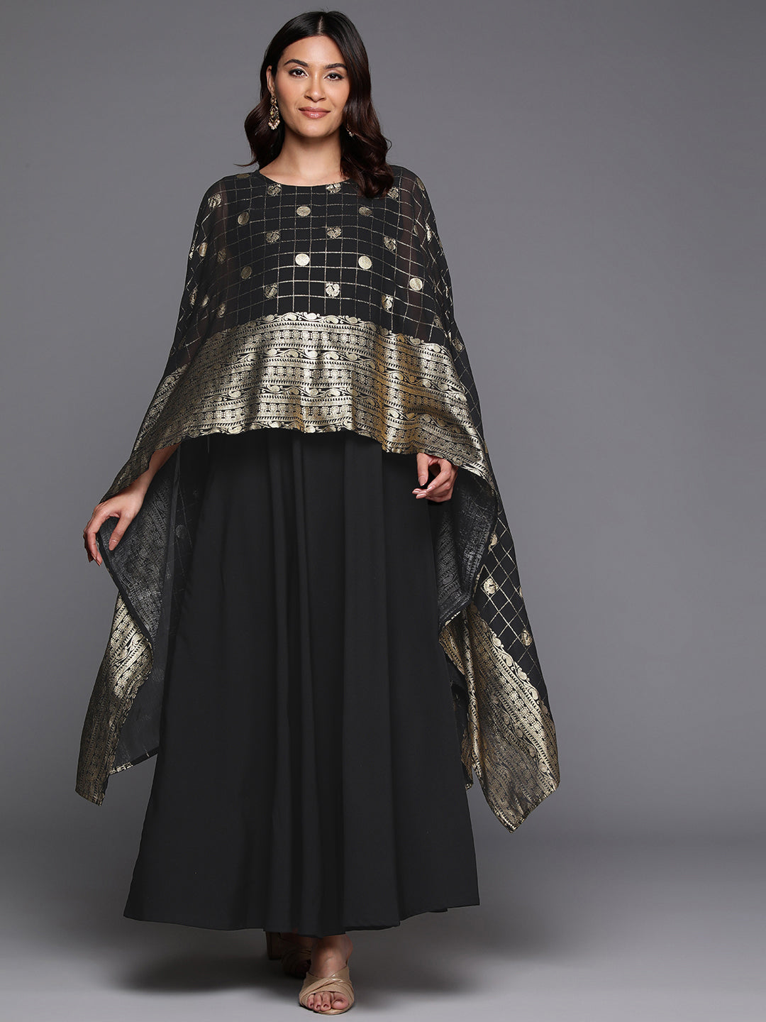 Women Ethnic Print Layered Kimono Sleeves Crepe Ethnic A-Line Maxi Dress-AHEDCFFP-238