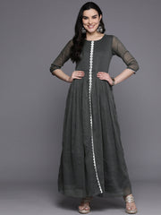 Grey Abstract Print Layered A-Line Maxi Ethnic Dress-AHEDCHGL-231