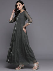 Grey Abstract Print Layered A-Line Maxi Ethnic Dress-AHEDCHGL-231