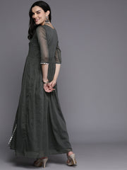 Grey Abstract Print Layered A-Line Maxi Ethnic Dress-AHEDCHGL-231