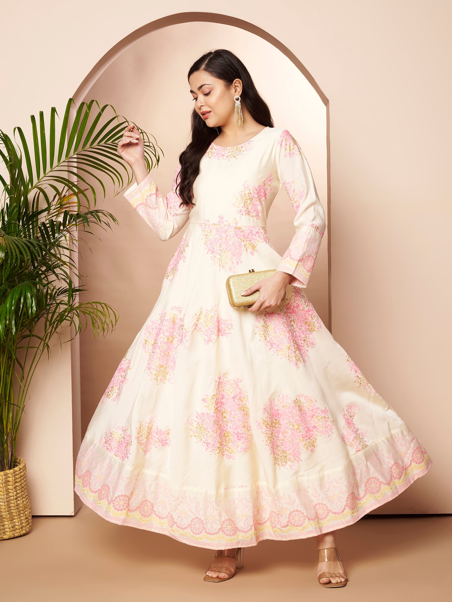 ethnic pink floral dress Floral Printed A-Line Tiered Ethnic Dress | Ethnic Dresses For Women