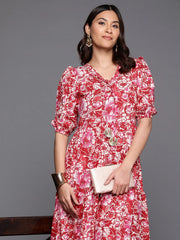 Floral Print Tie-Up Neck Puff Sleeve Cotton A-Line Midi Dress-AHEDCOWX-237