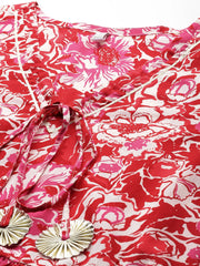 Floral Print Tie-Up Neck Puff Sleeve Cotton A-Line Midi Dress-AHEDCOWX-237