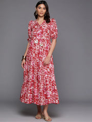 Floral Print Tie-Up Neck Puff Sleeve Cotton A-Line Midi Dress-AHEDCOWX-237