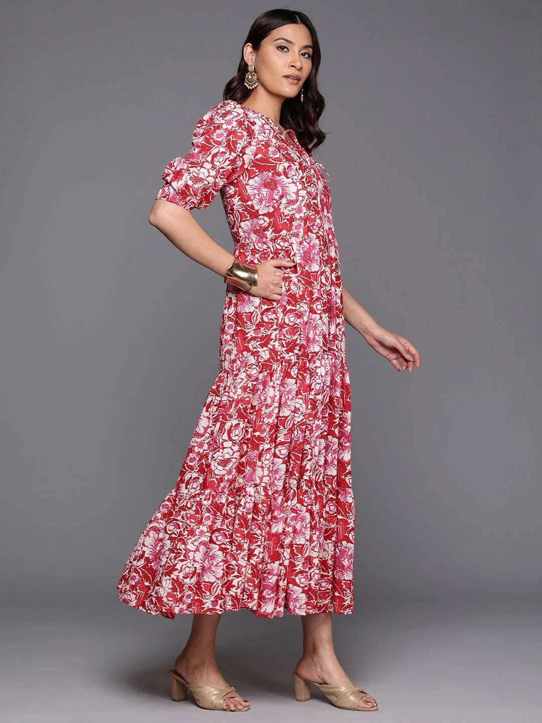 Floral Puff Sleeve Dress - Women's Cotton Western Outfits