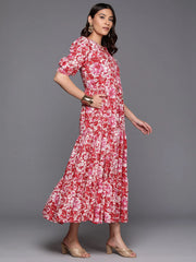 Floral Print Tie-Up Neck Puff Sleeve Cotton A-Line Midi Dress-AHEDCOWX-237