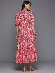 Floral Print Tie-Up Neck Puff Sleeve Cotton A-Line Midi Dress-AHEDCOWX-237