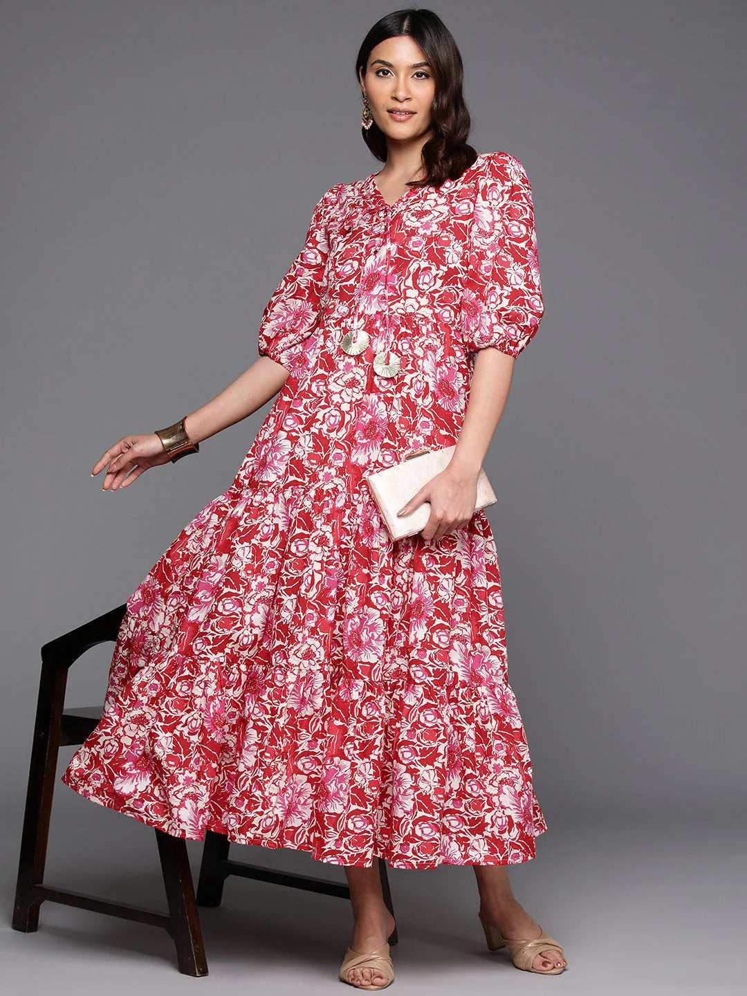 Floral Puff Sleeve Dress - Women's Cotton Western Outfits