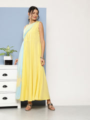 Yellow & Blue Colourblocked Maxi Ethnic Dress-AHEDCRCFDP-140