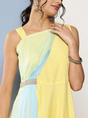 Yellow & Blue Colourblocked Maxi Ethnic Dress-AHEDCRCFDP-140